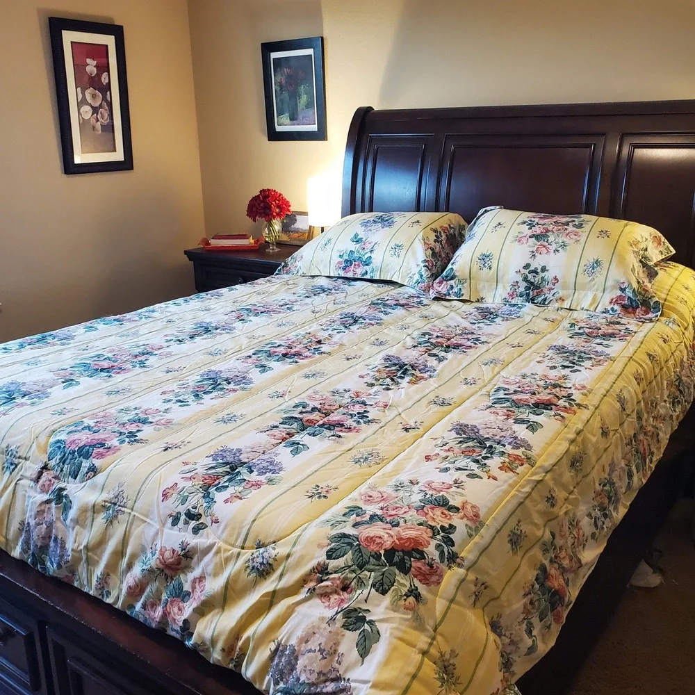 Wamsutta Vintage Floral Comforter Set Full Queen Yellow Rose Stripe 3pc Made USA